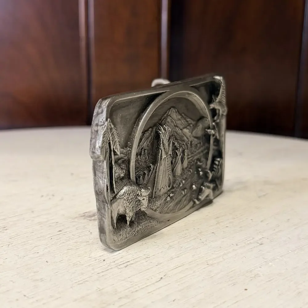 Vintage 1983 Siskiyou Native American Indian Pewter Belt Buckle Williams Oregon